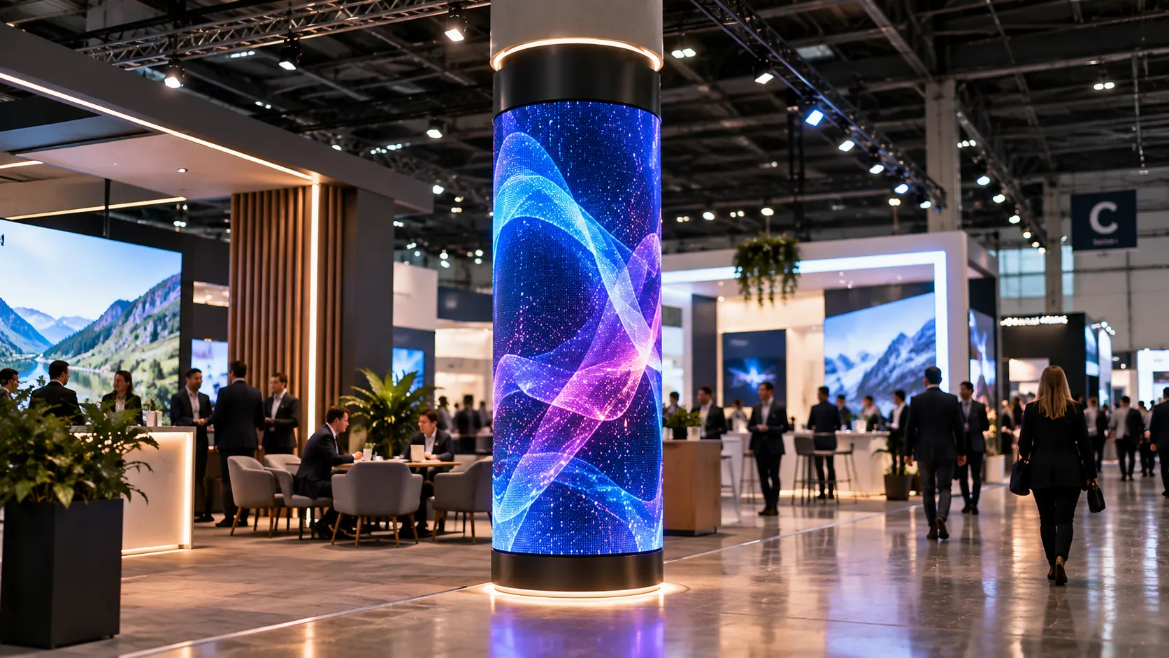 Visualisation de concept : colonne habillée de LED dans un salon professionnel.