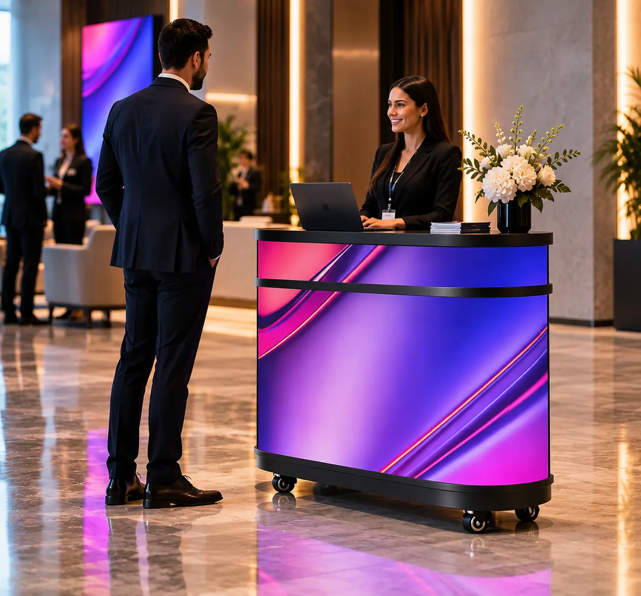 Visualisation de concept : comptoir d’accueil avec façade LED dans un lobby.