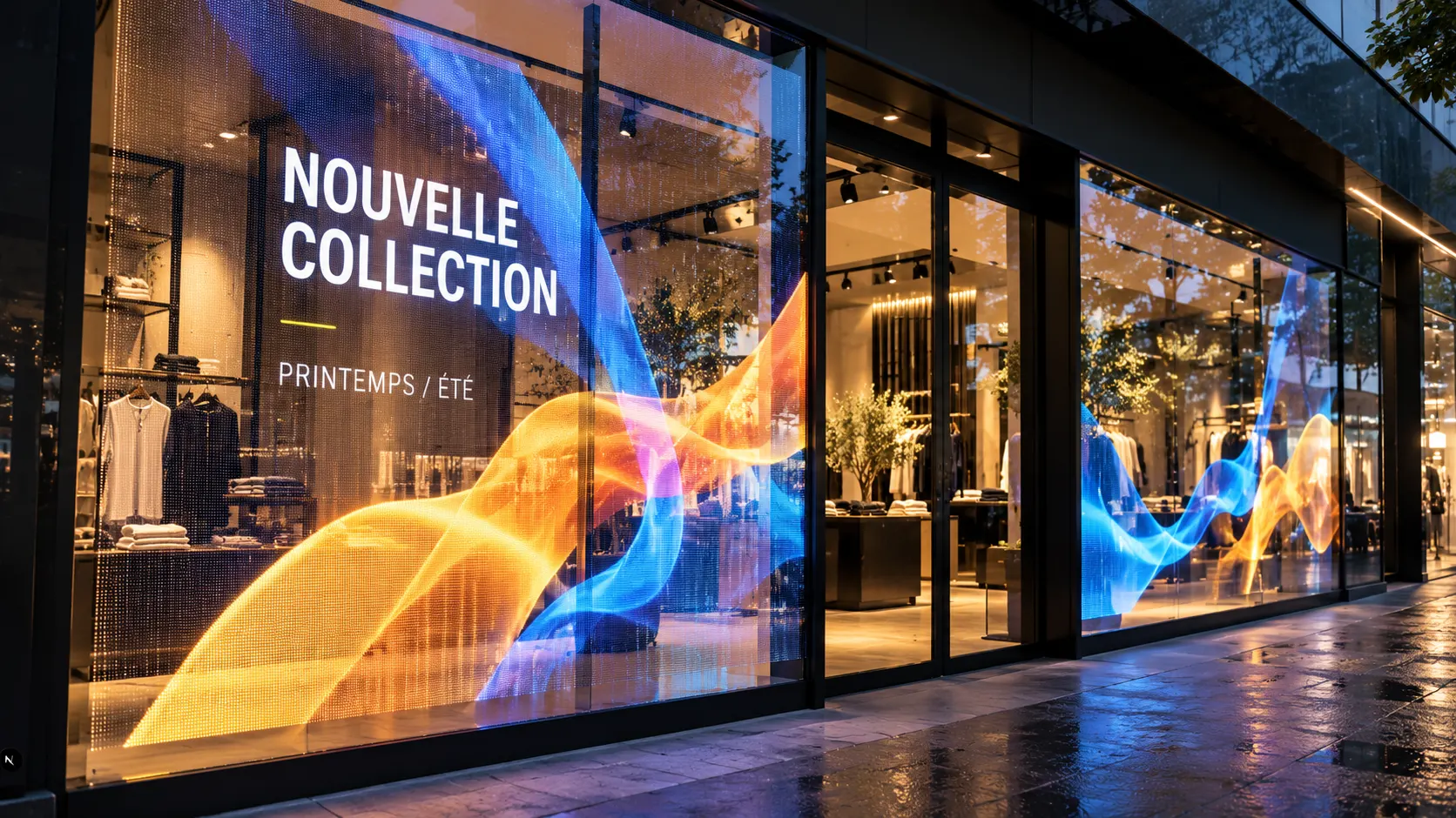 Visualisation de concept : affichage LED transparent sur la vitrine d’un commerce.